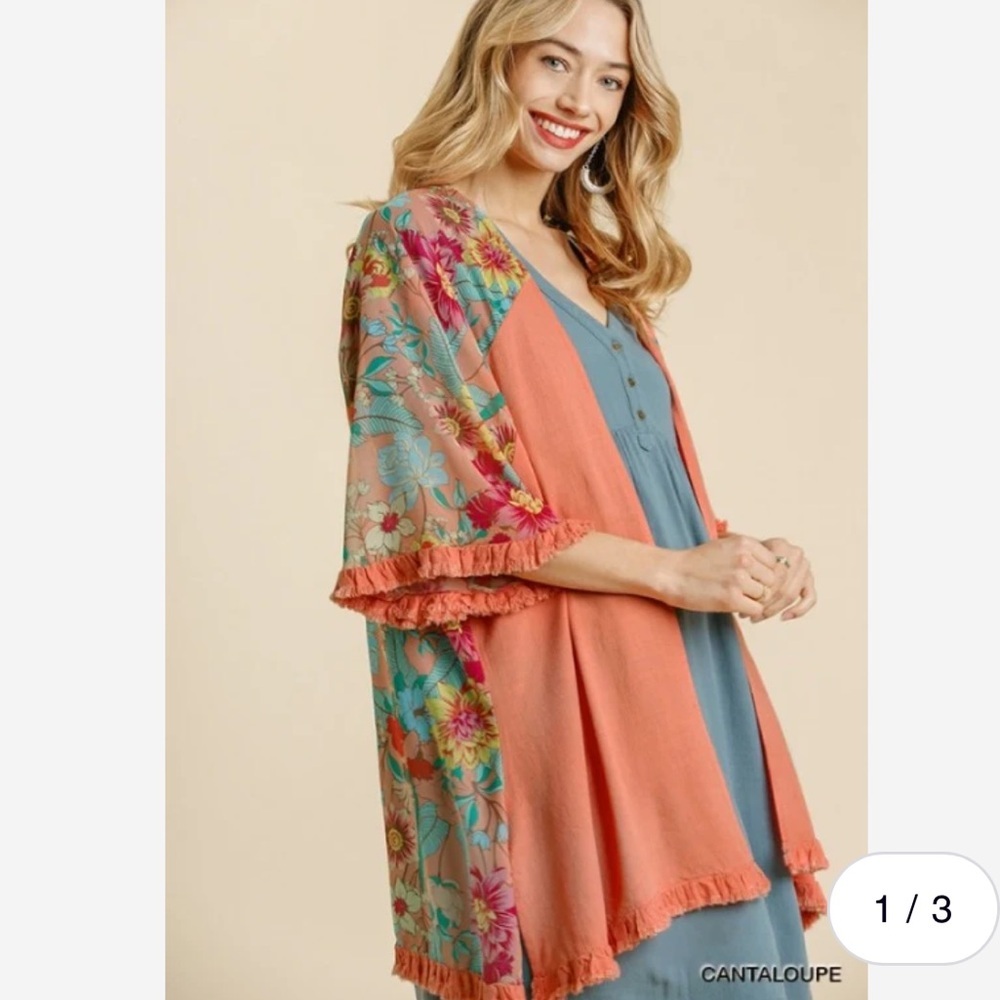 Umgee Linen tropical Floral open Kimono cardigan cover up  top size S/M